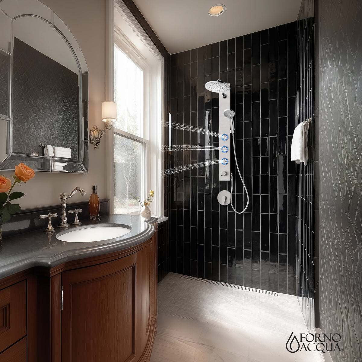 FORNO ACQUA Stainless Steel Shower Panel, 3 SensoTEMP LED Body Jets, 9 in. Rain Shower Head & 5-Function Handheld. 2.5GPM