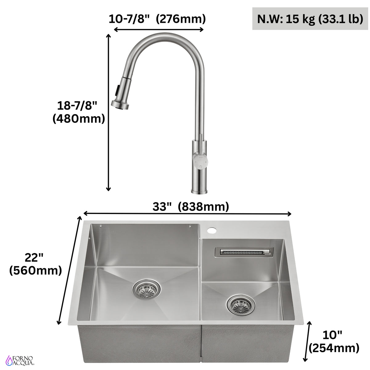 FORNO ACQUA 33 in. Drop-In/Undermount 40/60 Double Bowl Sink with Retractable Faucet & Waterfall