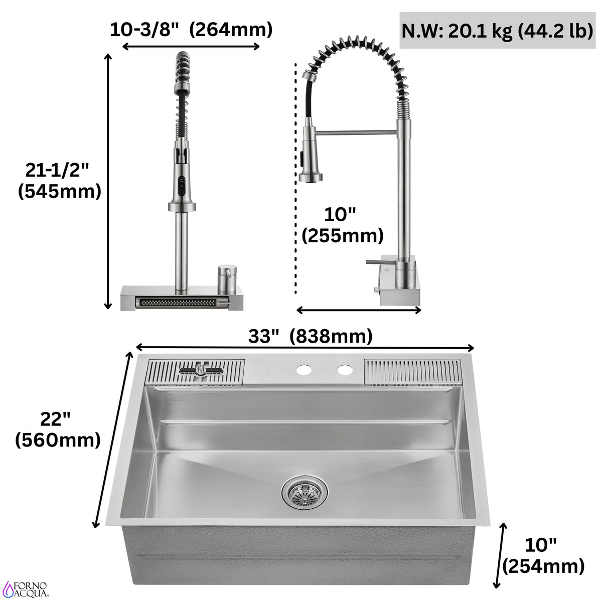 FORNO ACQUA 33 in. Drop-In/Undermount 3-Level MultiSINK Workstation Sink with Waterfall Faucet & Glass Rinser