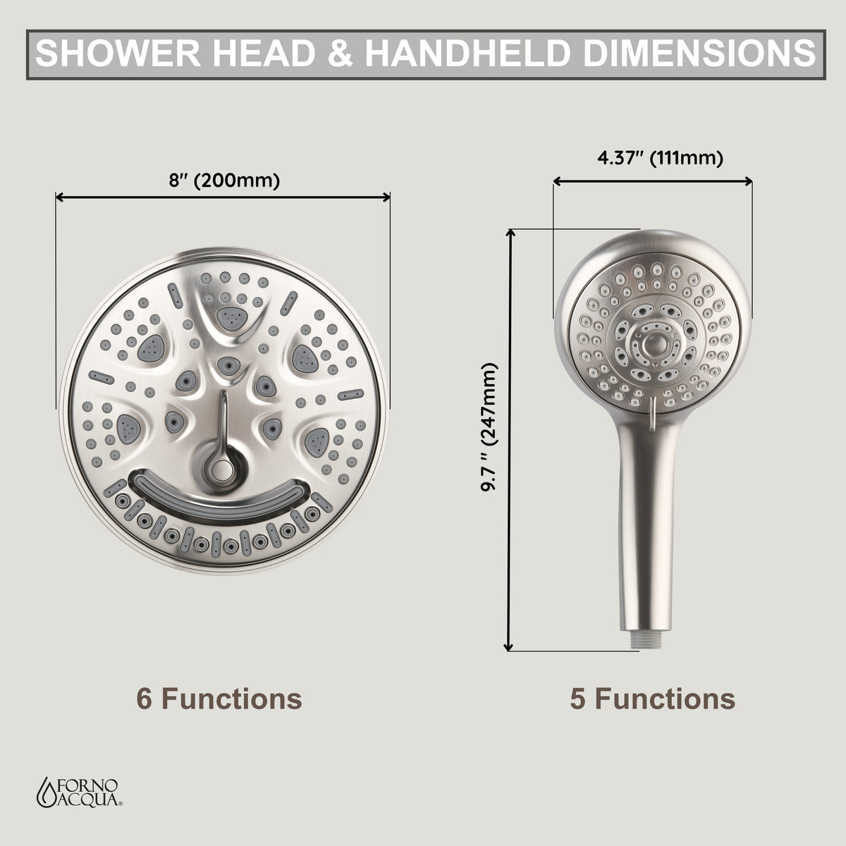 FORNO ACQUA AcquaFALL 6-Function Shower Head, 5-Function Handheld & 3-Function Waterfall Body Jet. Brushed Nickel, 2.5 GPM