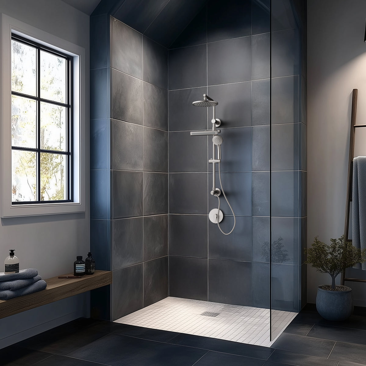 FORNO ACQUA AcquaFALL 9-in Shower Head, 5-Function Handheld & 3-Function Waterfall Body Jet. Brushed Nickel 2.5 GPM