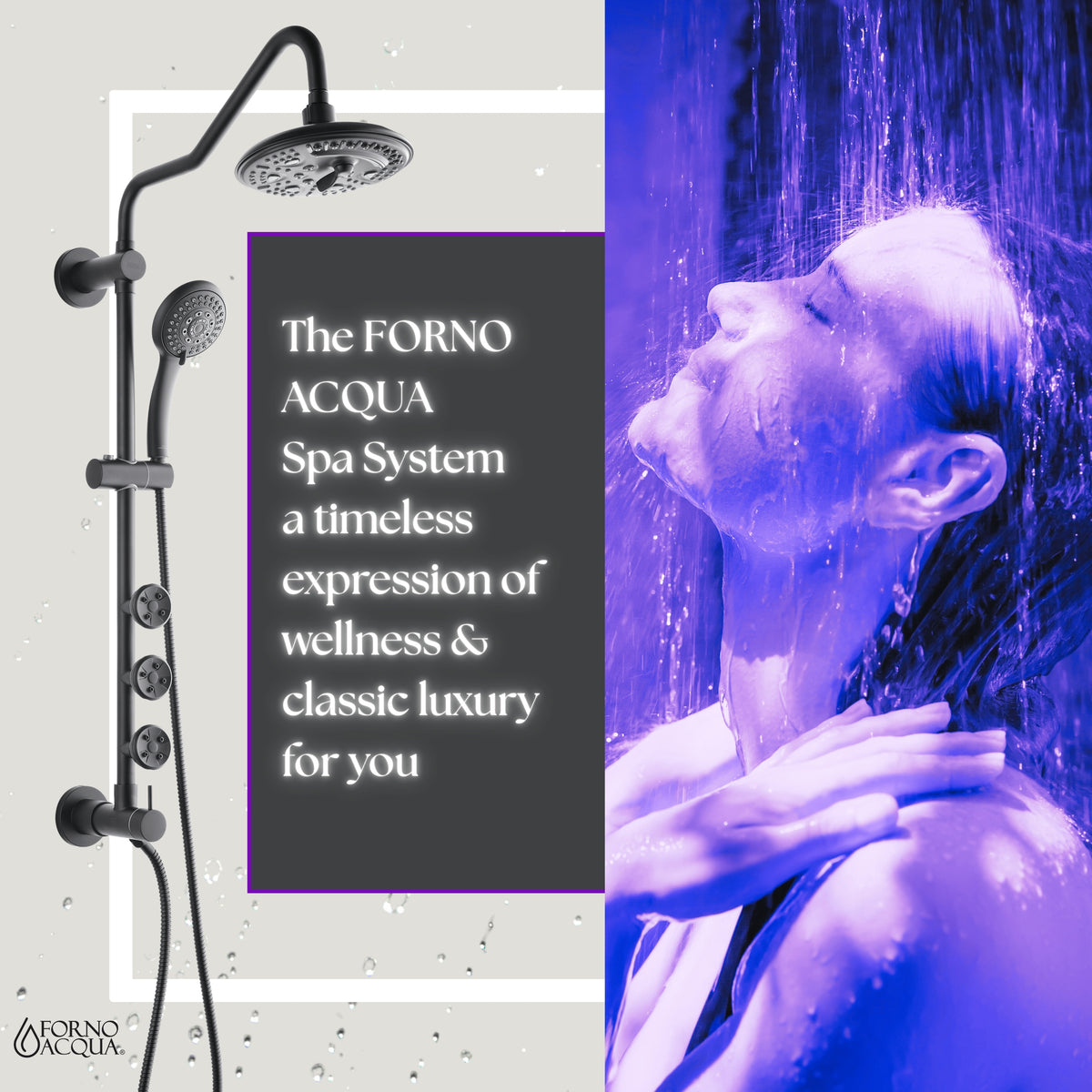 FORNO ACQUA 8in. 6-Function Rain Shower, 5-Function Handheld & 3 Directional Body Jet Shower System with Sliding Bar. Black 1.8 GPM