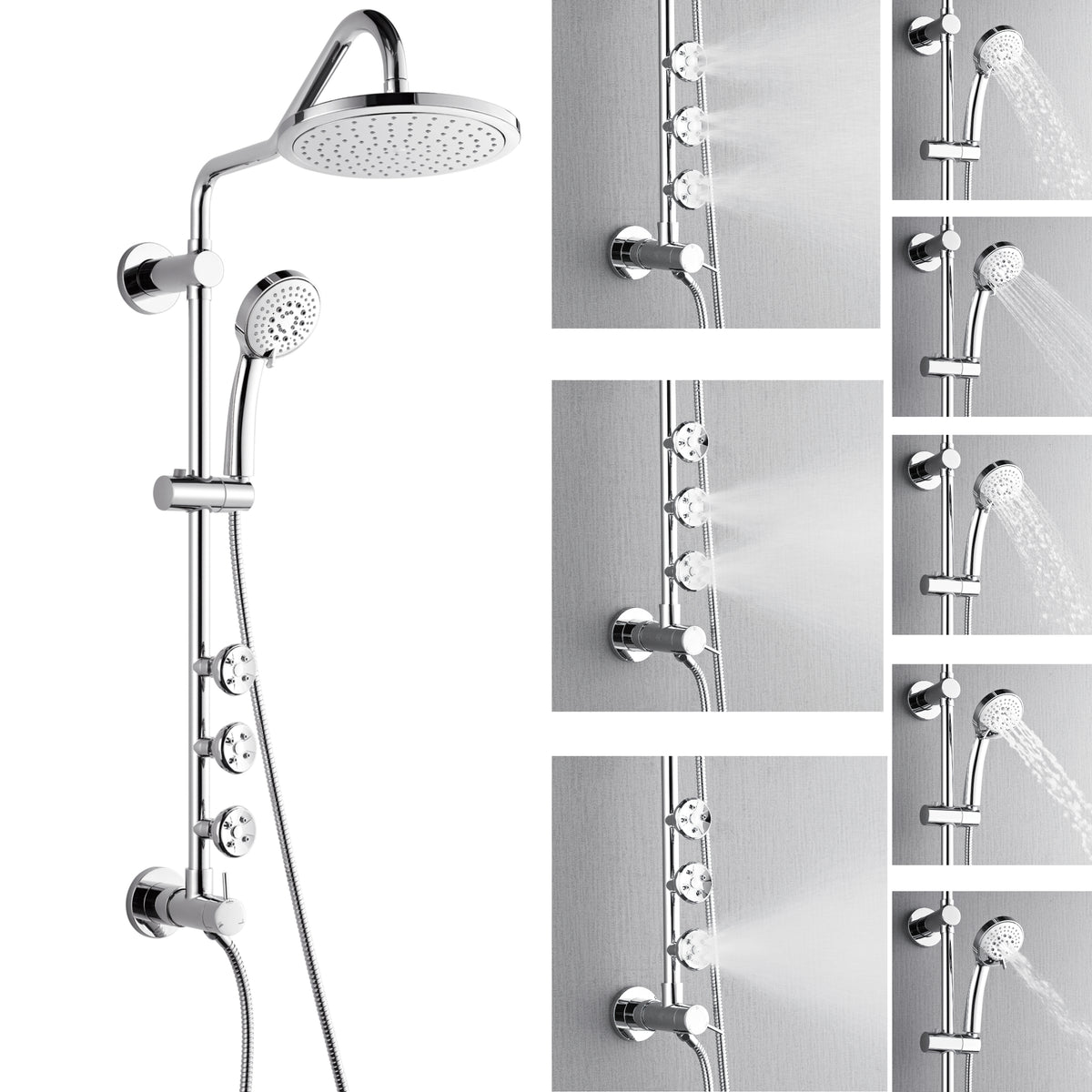 FORNO ACQUA 9 in. Rain Shower, 5-Function Handheld & 3 Directional Body Jet Shower System with Sliding Bar. Polished Chrome 1.8 GPM
