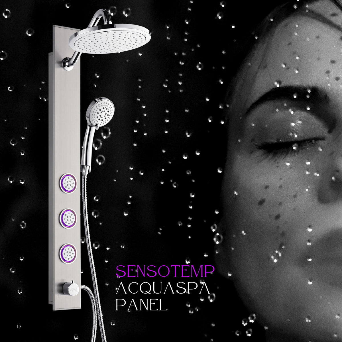 FORNO ACQUA Stainless Steel Shower Panel, 3 SensoTEMP LED Body Jets, 9 in. Rain Shower Head & 5-Function Handheld.  1.8GPM