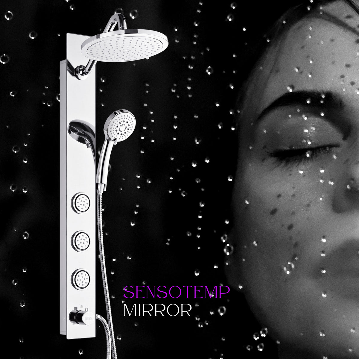 FORNO ACQUA SensoTEMP LED Mirror Shower Panel, 9 in. Rainfall Shower Head, 3 Body Jets & 5-Function Handheld. 2.5 GPM
