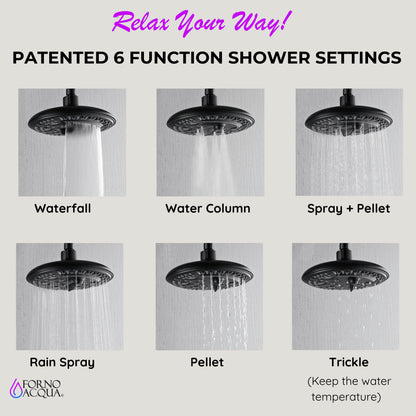 FORNO ACQUA AcquaFALL 6-Function Shower Head, 3-Function Waterfall Body Jet & 5-Function Handheld. Black 2.5 GPM