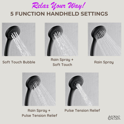 FORNO ACQUA AcquaFALL 6-Function Shower Head, 3-Function Waterfall Body Jet & 5-Function Handheld. Black 1.8 GPM
