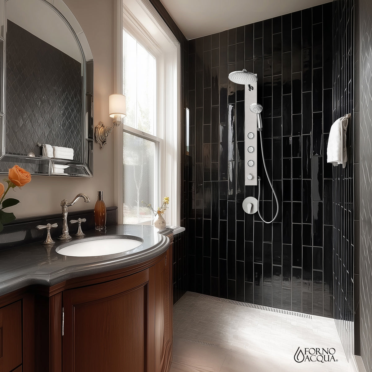 FORNO ACQUA AcquaSPA 9 in. Rain Shower, 5-Function Handheld & 3 Body Jet. Brushed Nickel 2.5 GPM