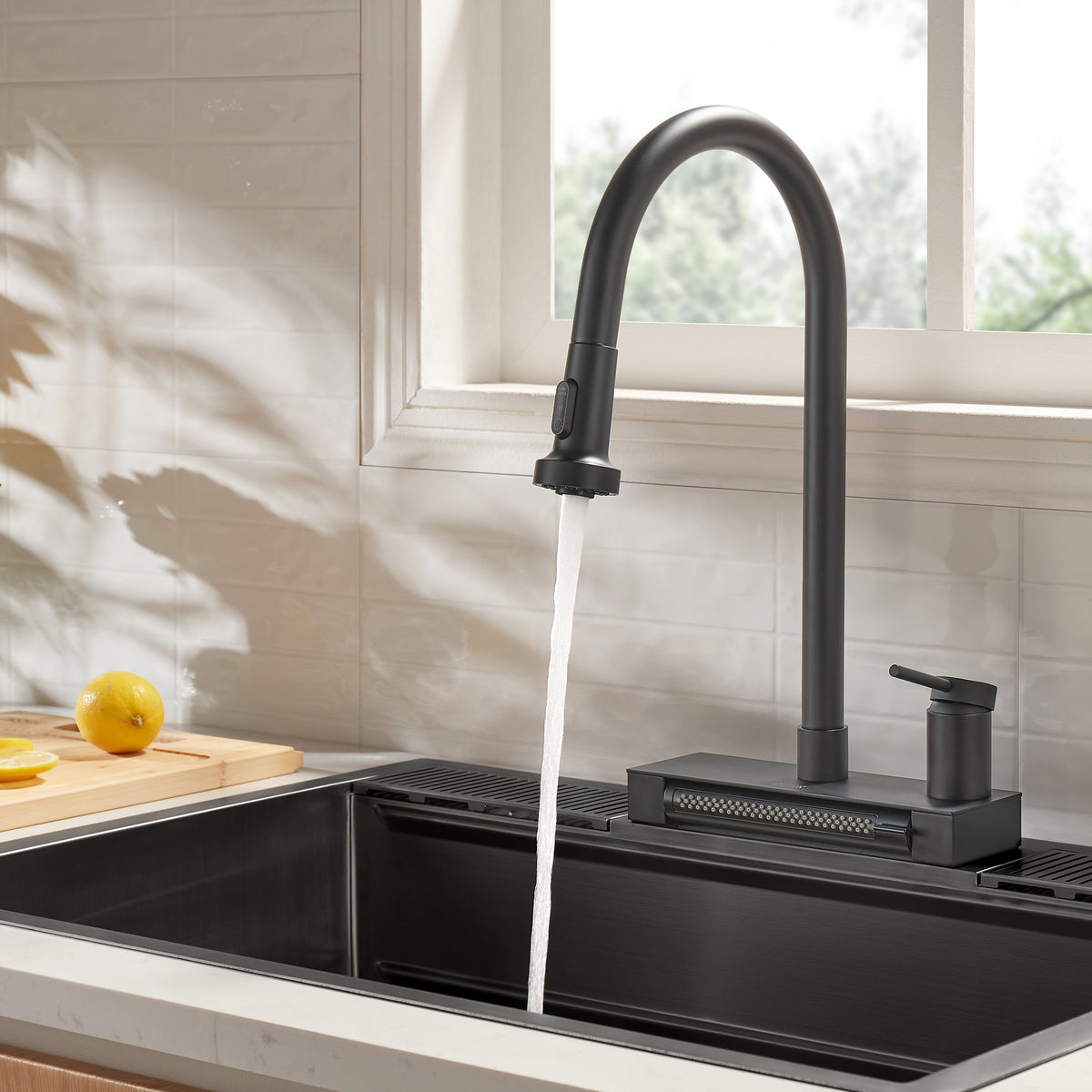FORNO ACQUA Black 4 Function Waterfall  Pull-Down Kitchen Faucet