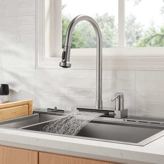FORNO ACQUA Stainless Steel 4 Function Waterfall  Pull-Down Kitchen Faucet Brushed Nickel