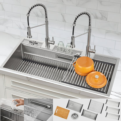 FORNO ACQUA 45 in. Drop-In/Undermount 3-Level Workstation Sink with Two Faucets & Glass Rinser