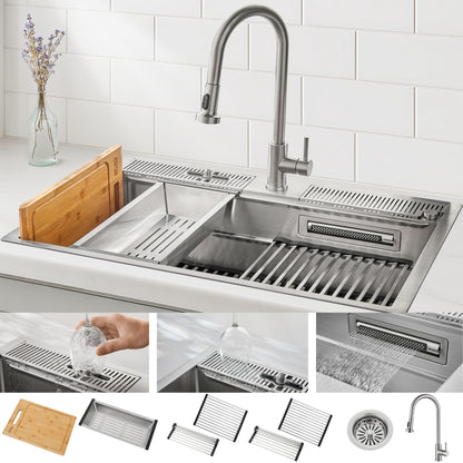 FORNO ACQUA 33 in. Drop-In/Undermount 3-Level Workstation Sink with Faucet, Waterfall & Glass Rinser