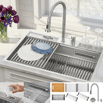 FORNO ACQUA 33 in. Drop-In/Undermount 3 Level Workstation Sink with Faucet, Waterfall & Glass Rinser