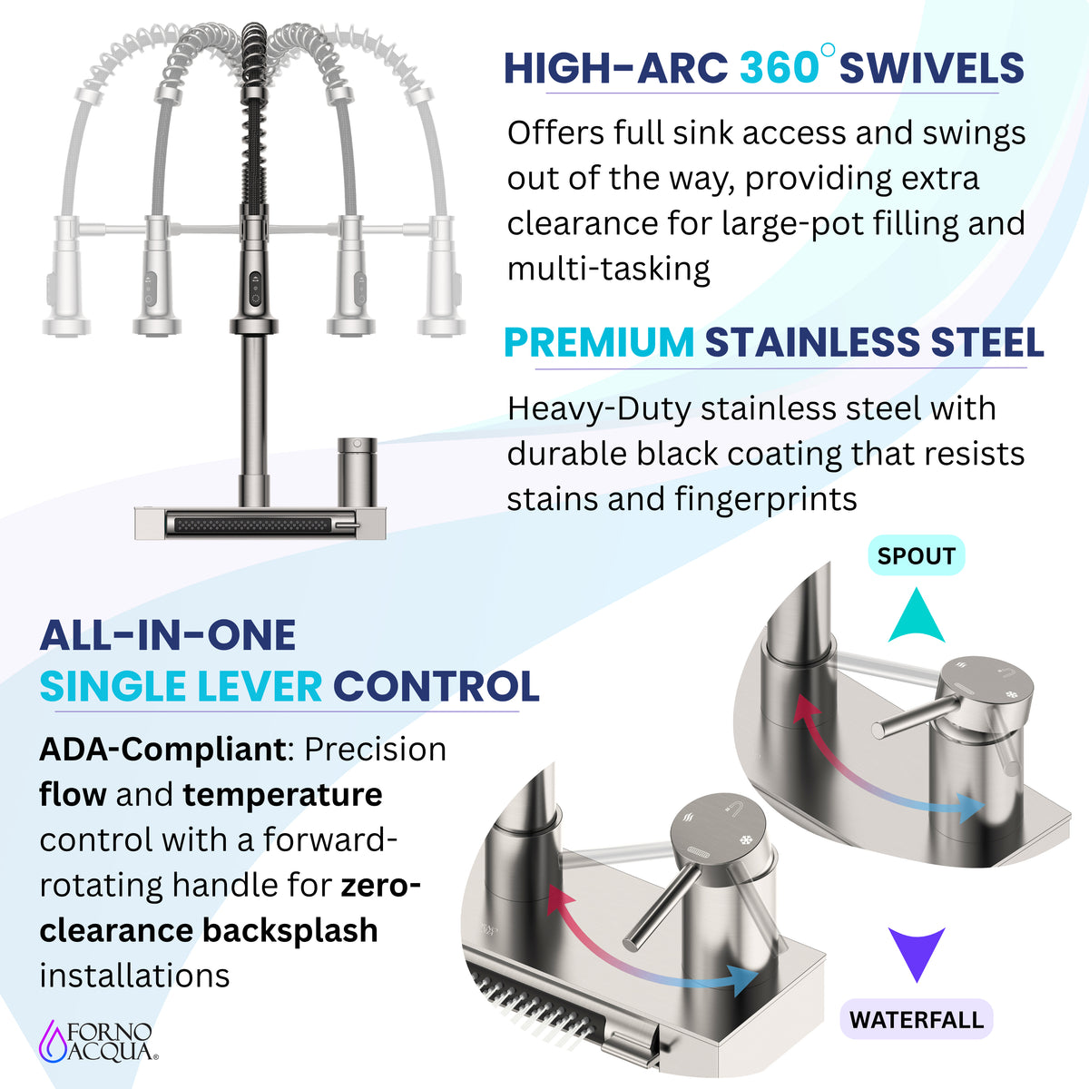 FORNO ACQUA  Black 4 function pull-Down Waterfall Kitchen Faucet