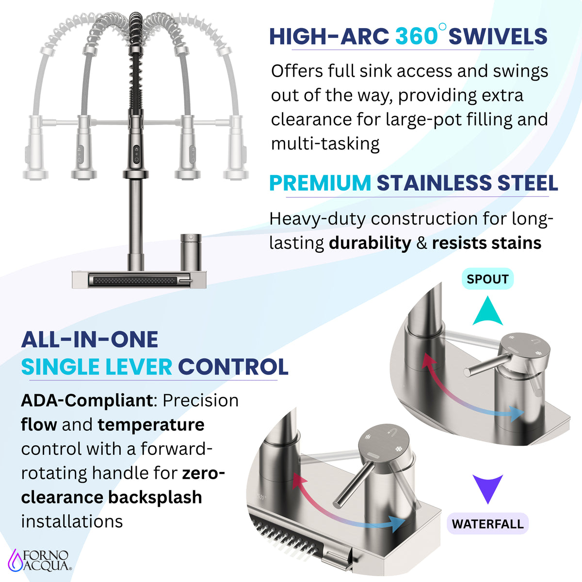 FORNO ACQUA Stainless Steel 4 Function  Pull-Down Waterfall Kitchen Faucet