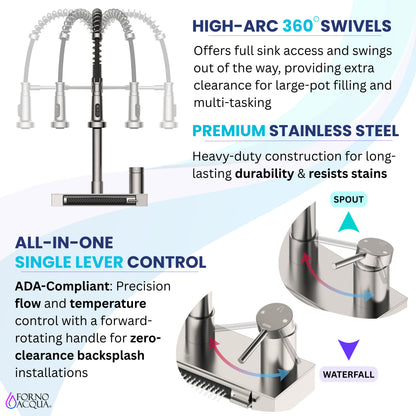 FORNO ACQUA Stainless Steel 4 Function  Pull-Down Waterfall Kitchen Faucet