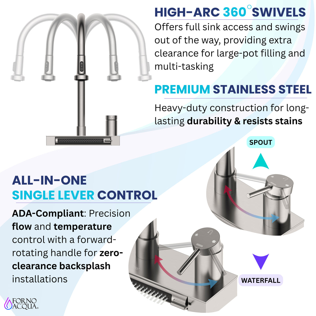 FORNO ACQUA Stainless Steel 4 Function Waterfall  Pull-Down Kitchen Faucet Brushed Nickel