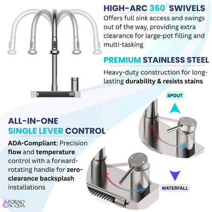 FORNO ACQUA Stainless Steel 4 Function Waterfall  Pull-Down Kitchen Faucet Brushed Nickel