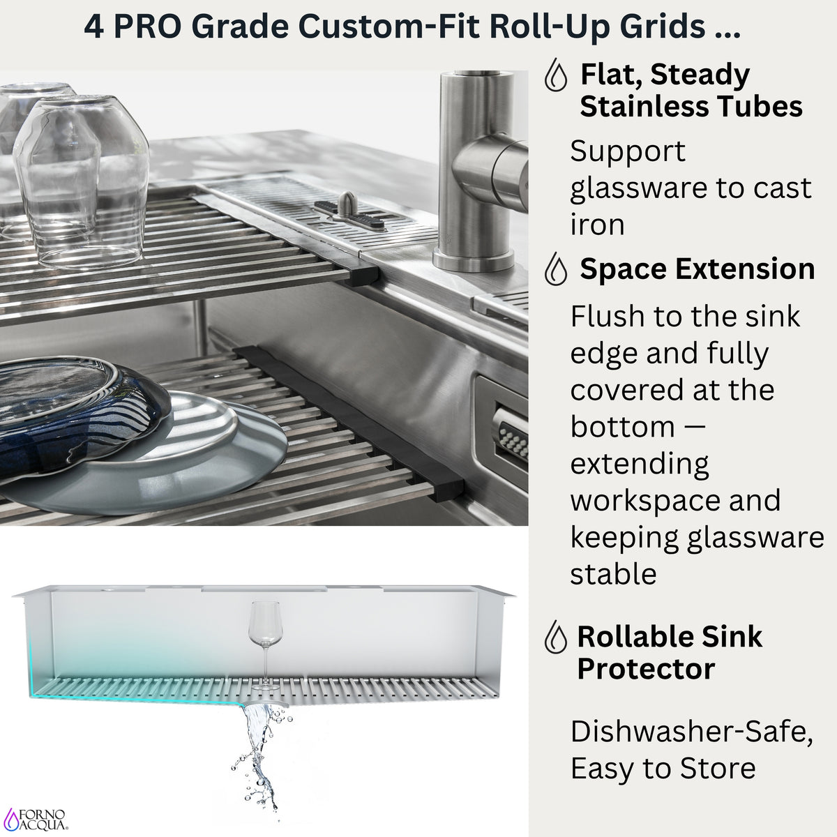 FORNO ACQUA 45 in. Drop-In/Undermount 3-Level Workstation Sink with Two Faucets & Glass Rinser
