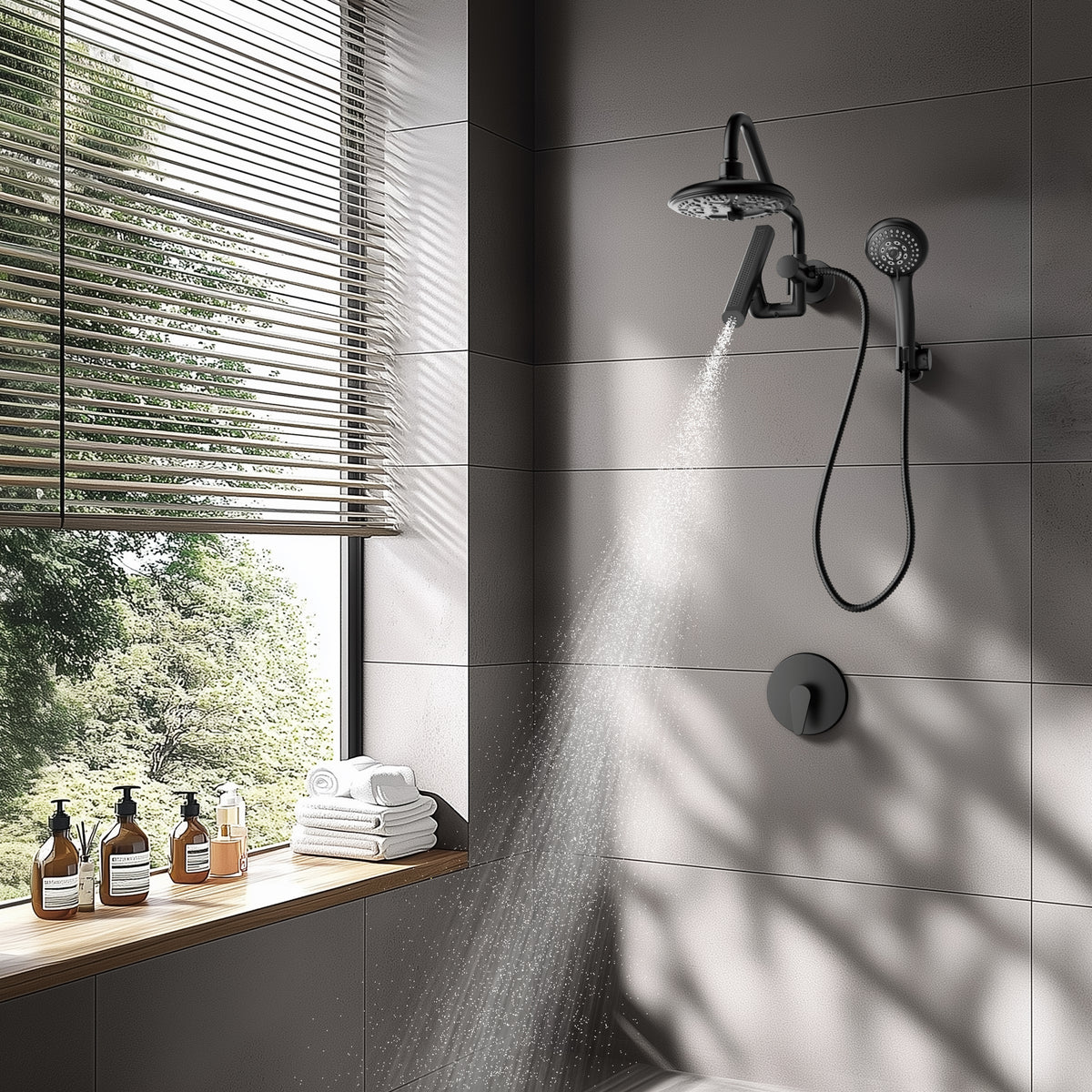 FORNO ACQUA AcquaFALL 6-Function Shower Head, 3-Function Waterfall Body Jet & 5-Function Handheld. Black 1.8 GPM
