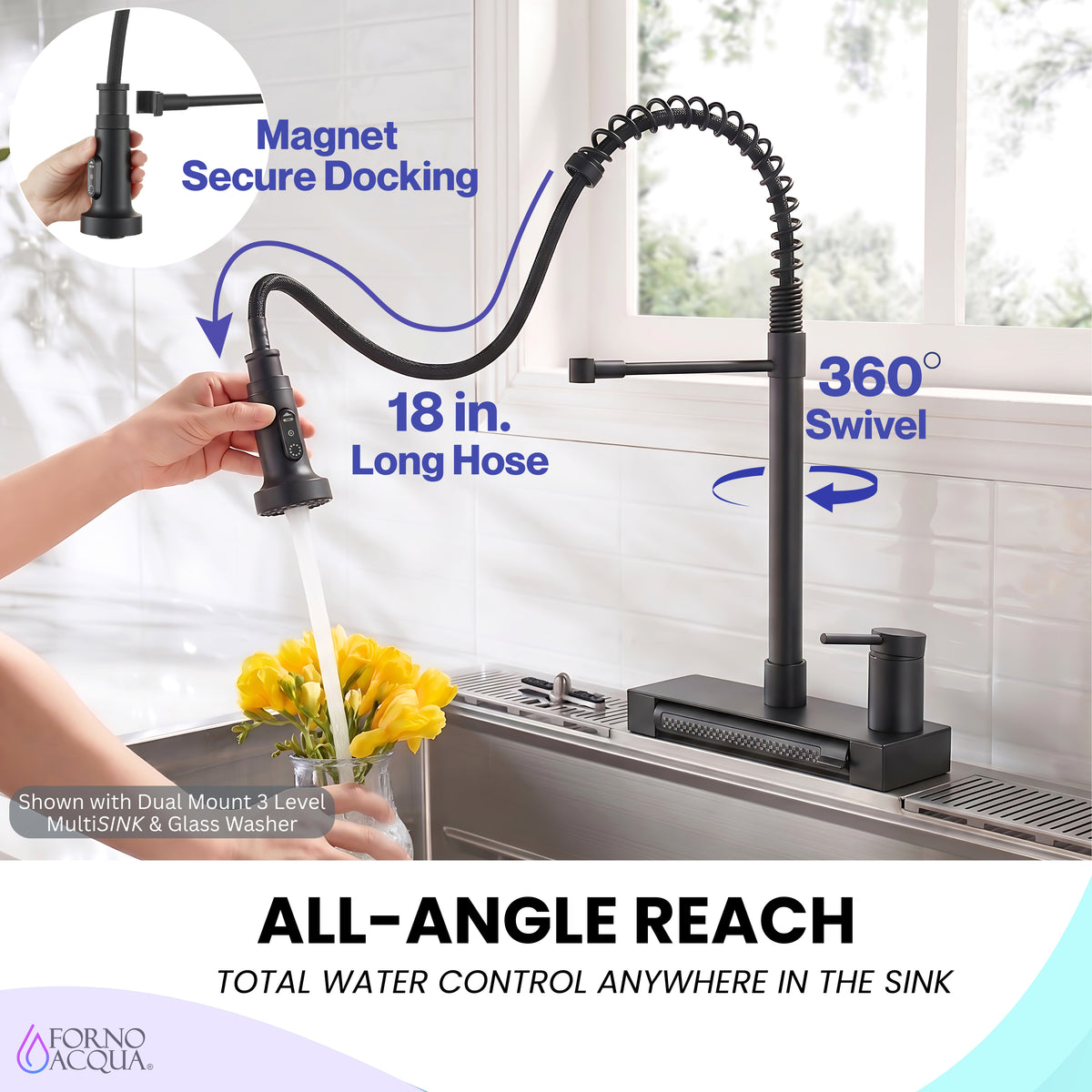 FORNO ACQUA  Black 4 function pull-Down Waterfall Kitchen Faucet