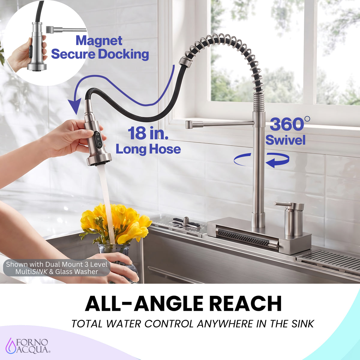FORNO ACQUA Stainless Steel 4 Function  Pull-Down Waterfall Kitchen Faucet