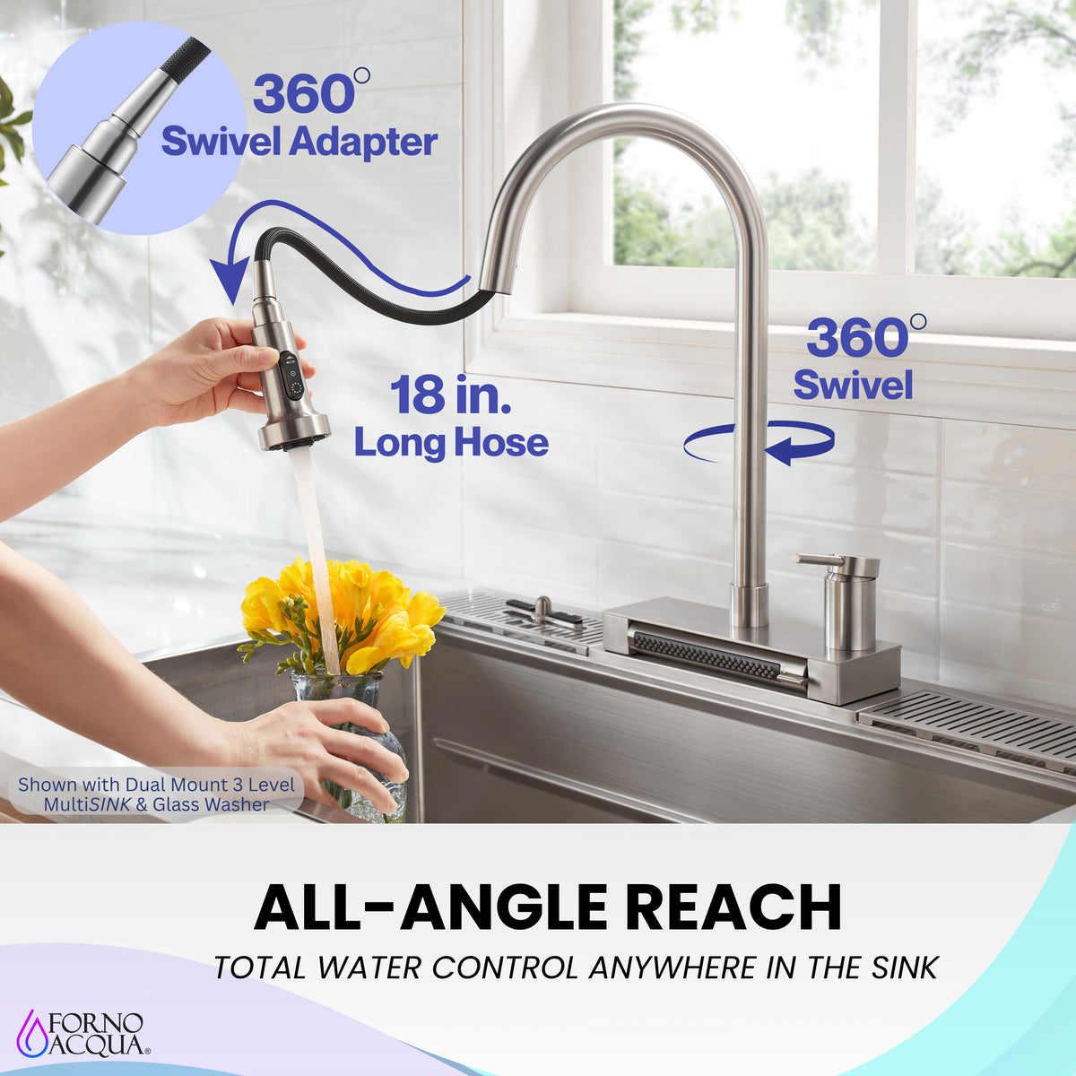 FORNO ACQUA Stainless Steel 4 Function Waterfall  Pull-Down Kitchen Faucet Brushed Nickel