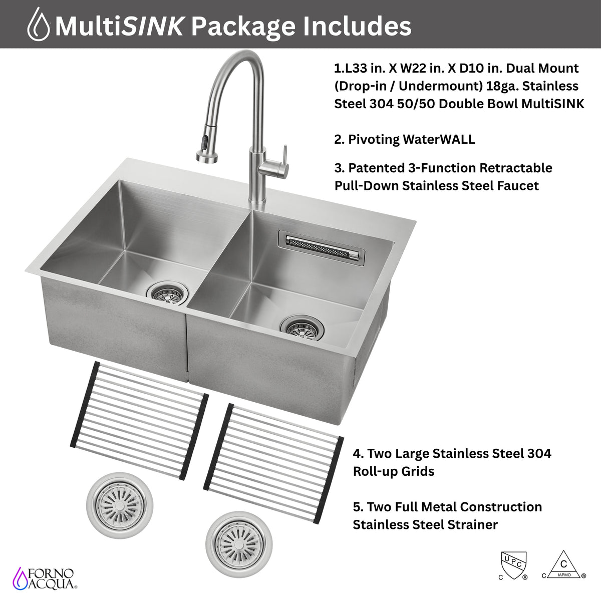 FORNO ACQUA 33 in. Drop-In/Undermount 50/50 Double Bowl Stainless Steel Sink with Faucet & Waterfall