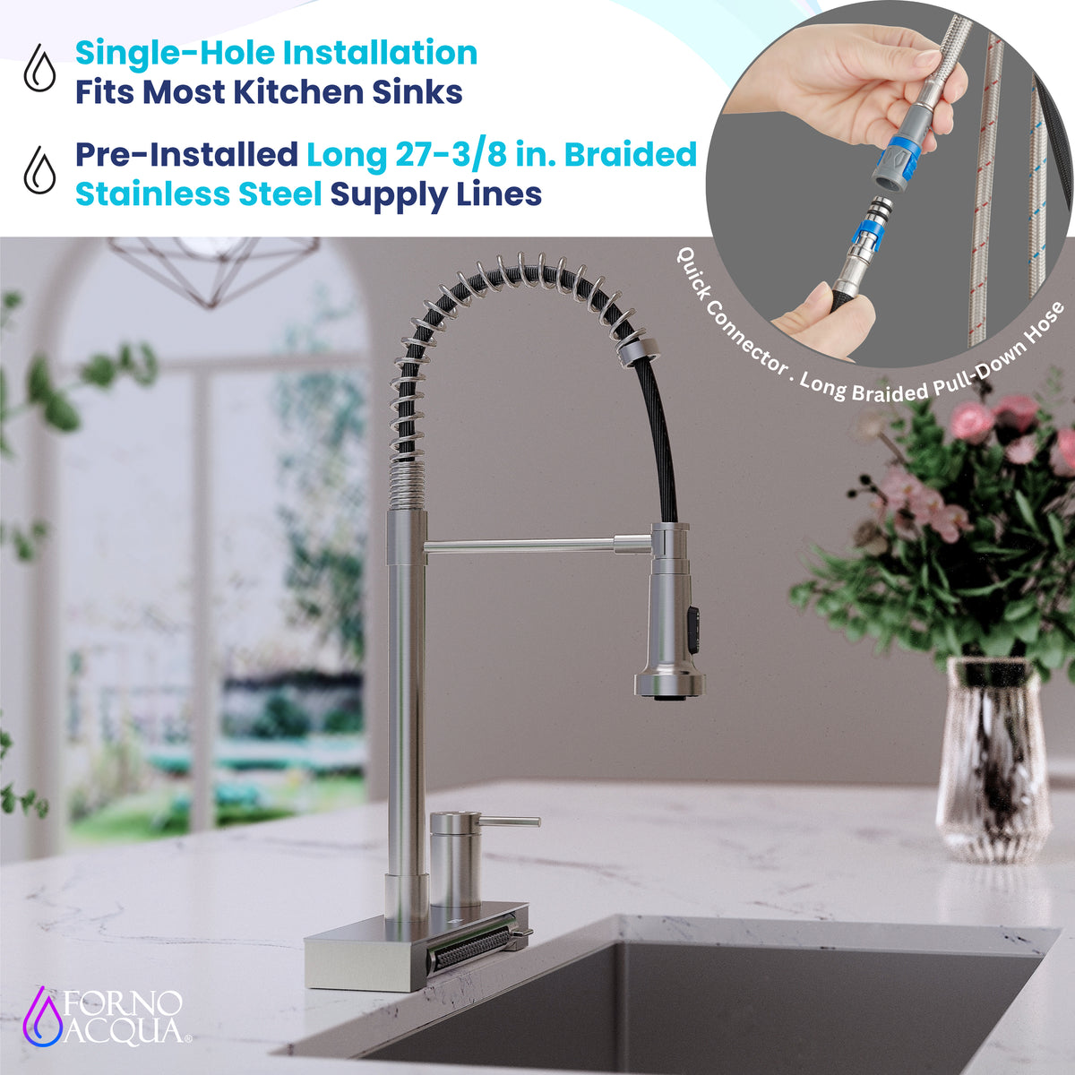 FORNO ACQUA Stainless Steel 4 Function  Pull-Down Waterfall Kitchen Faucet