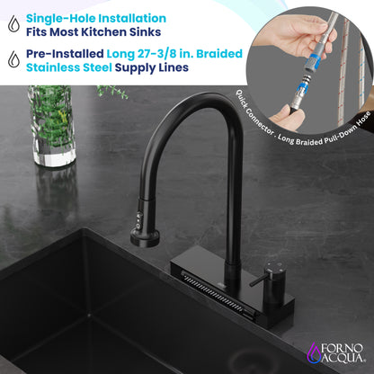 FORNO ACQUA Black 4 Function Waterfall  Pull-Down Kitchen Faucet