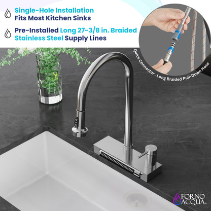 FORNO ACQUA Stainless Steel 4 Function Waterfall  Pull-Down Kitchen Faucet Brushed Nickel
