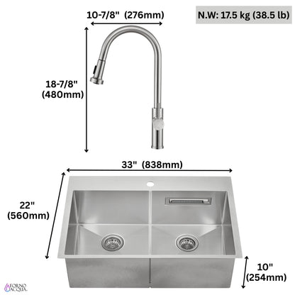 FORNO ACQUA 33 in. Drop-In/Undermount 50/50 Double Bowl Stainless Steel Sink with Faucet & Waterfall
