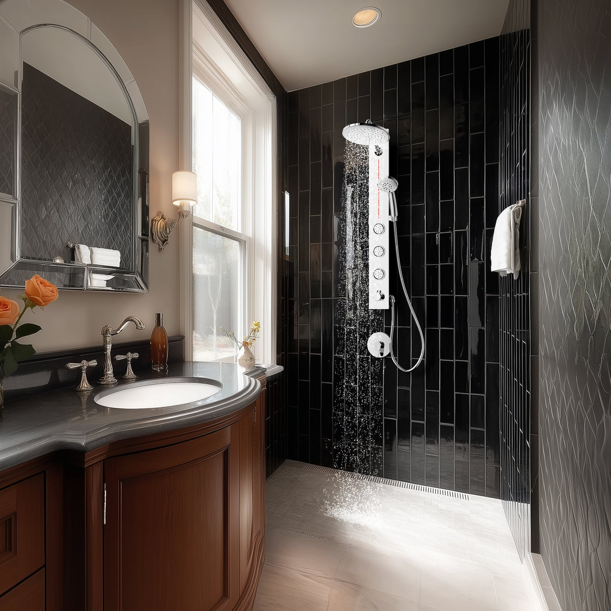 FORNO ACQUA AcquaFALL 9-in Shower Head, 5-Function Handheld & 3-Function Waterfall Body Jet. Polished Chrome, 1.8 GPM