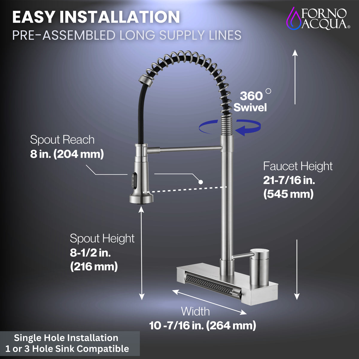 FORNO ACQUA Stainless Steel 4 Function  Pull-Down Waterfall Kitchen Faucet