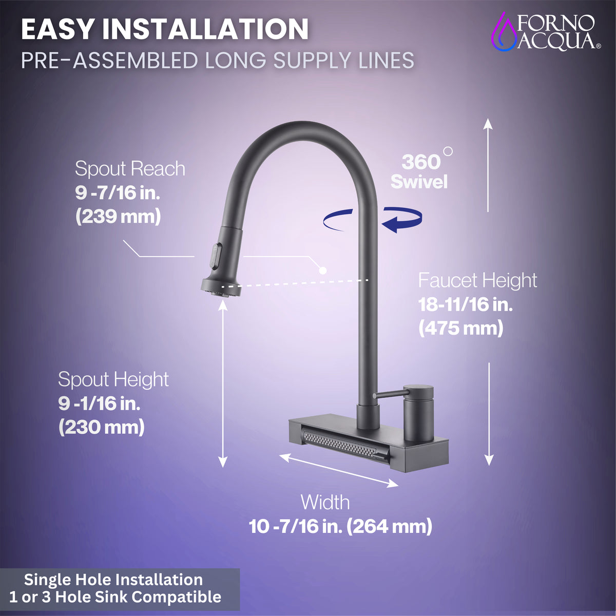 FORNO ACQUA Black 4 Function Waterfall  Pull-Down Kitchen Faucet