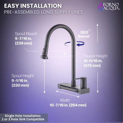 FORNO ACQUA Black 4 Function Waterfall  Pull-Down Kitchen Faucet