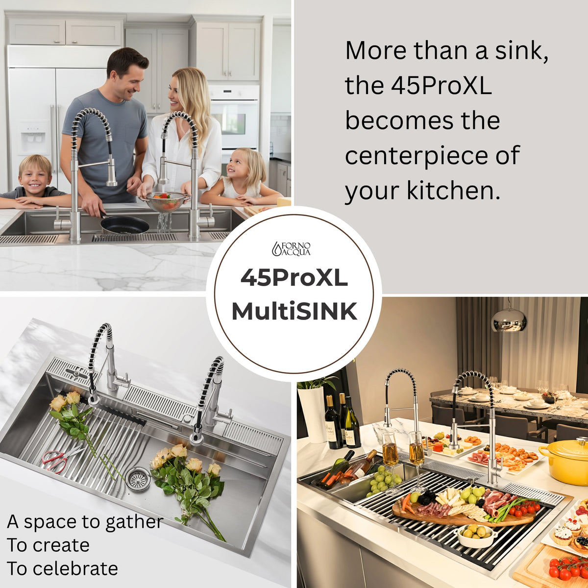 FORNO ACQUA 45 in. Drop-In/Undermount 3-Level Workstation Sink with Two Faucets & Glass Rinser