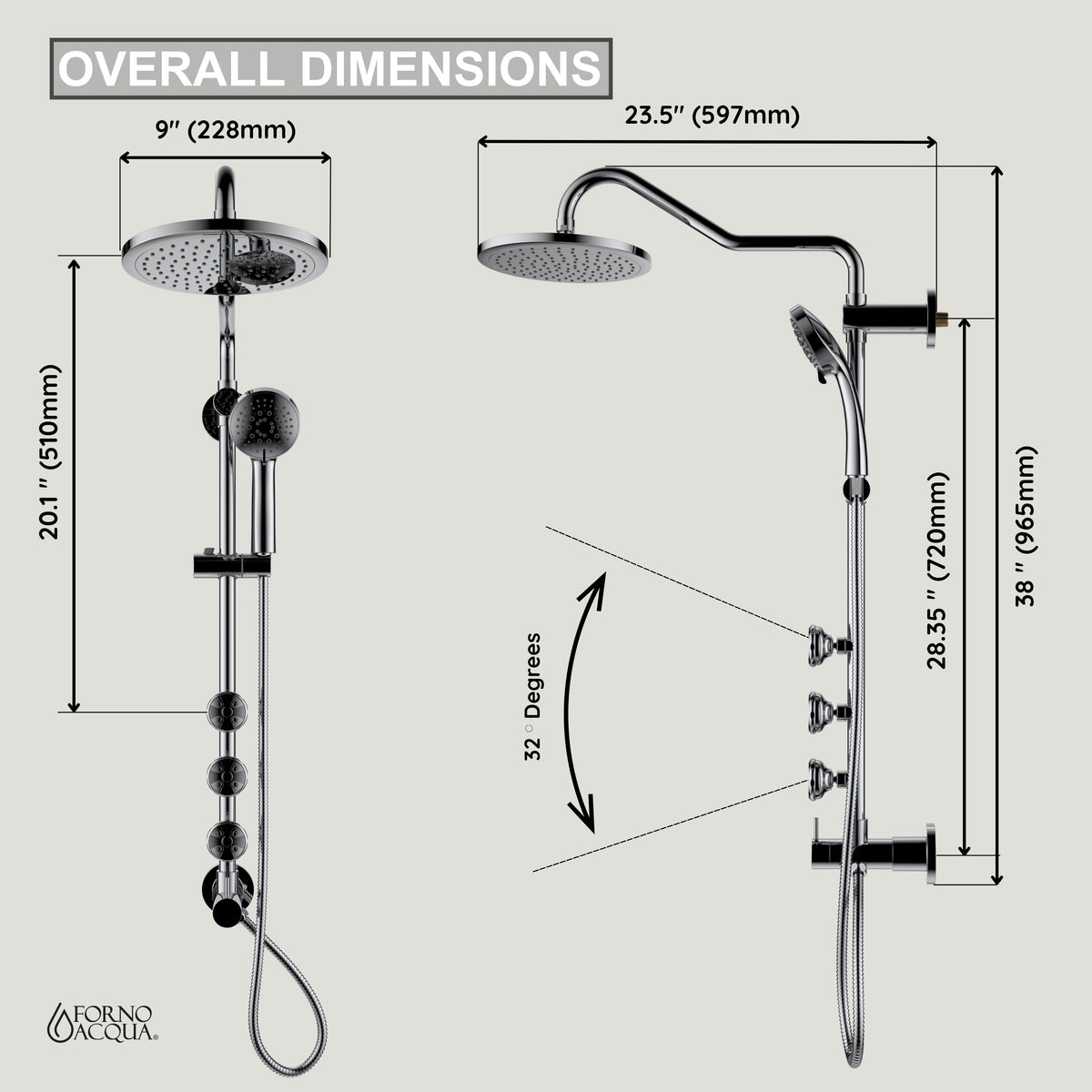 FORNO ACQUA 9 in. Rain Shower, 5-Function Handheld & 3 Directional Body Jet Shower System with Sliding Bar. Polished Chrome 1.8 GPM