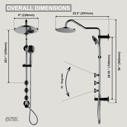 FORNO ACQUA 9 in. Rain Shower, 5-Function Handheld & 3 Directional Body Jet Shower System with Sliding Bar. Polished Chrome 1.8 GPM