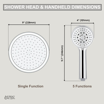 FORNO ACQUA AcquaFALL 9-in Shower Head, 5-Function Handheld & 3-Function Waterfall Body Jet. Polished Chrome, 1.8 GPM