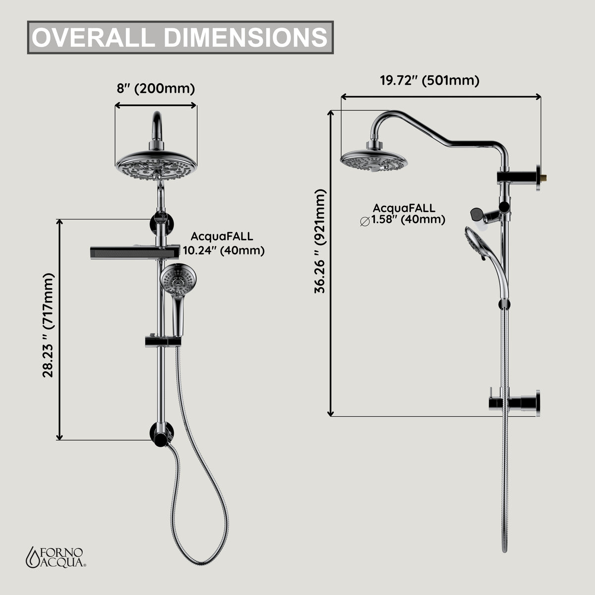 FORNO ACQUA AcquaFALL 6-Function Shower Head, 5-Function Handheld & 3-Function Waterfall Body Jet. Brushed Nickel, 1.8 GPM