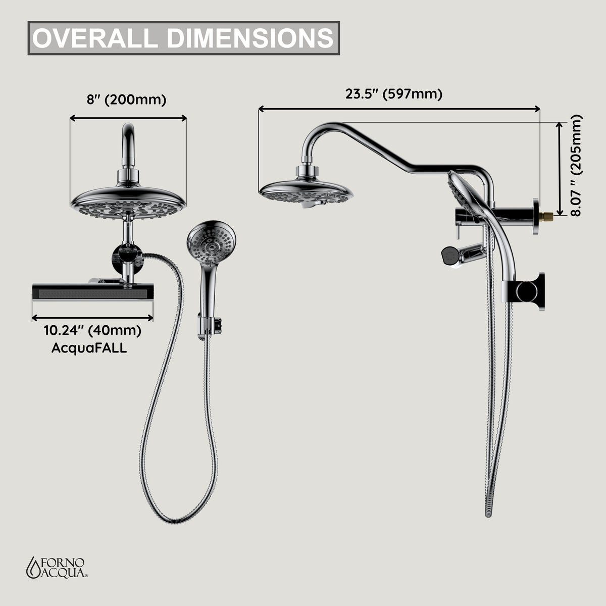 FORNO ACQUA AcquaFALL 6-Function Shower Head, 3-Function Waterfall Body Jet & 5-Function Handheld. Black 1.8 GPM