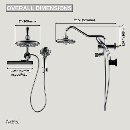 FORNO ACQUA AcquaFALL 6-Function Shower Head, 3-Function Waterfall Body Jet & 5-Function Handheld. Black 2.5 GPM