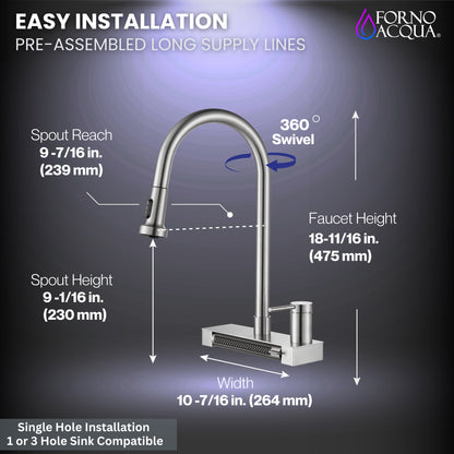 FORNO ACQUA Stainless Steel 4 Function Waterfall  Pull-Down Kitchen Faucet Brushed Nickel