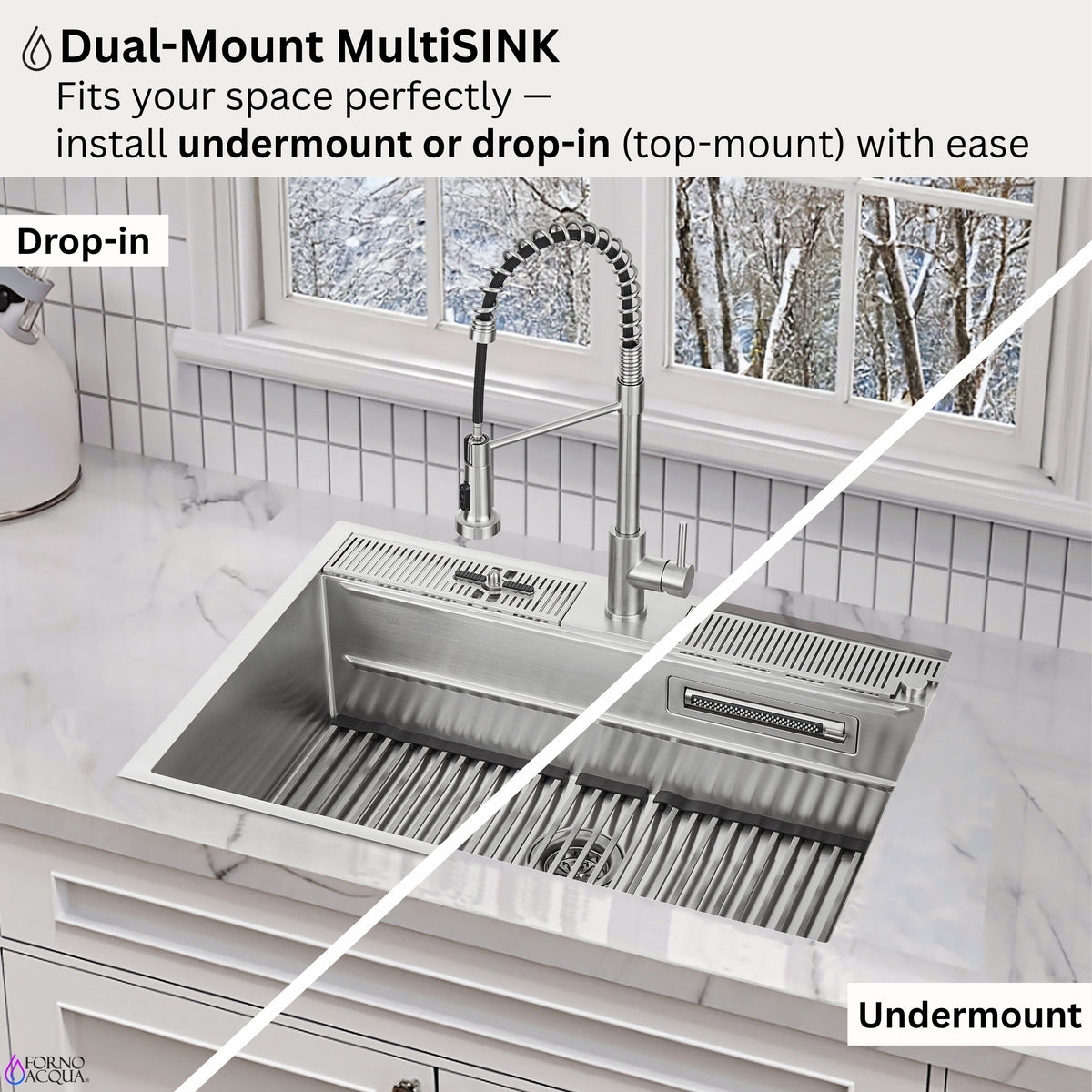 FORNO ACQUA 33 in. Drop-In/Undermount 3-Level Workstation Sink with Faucet, Waterfall & Glass Rinser