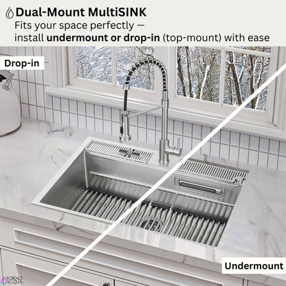 FORNO ACQUA 33 in. Drop-In/Undermount 3 Level Workstation Sink with Faucet, Waterfall & Glass Rinser