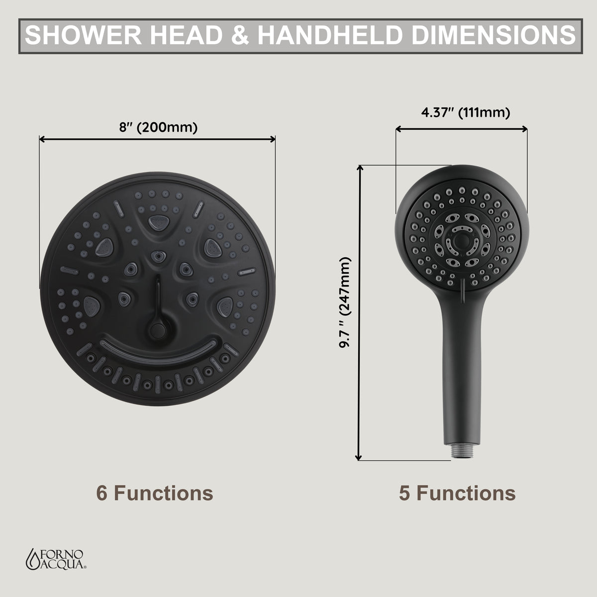 ACQUA FORNO AcquaFALL 6-Function Shower Head, 5-Function Handheld & 3-Function Waterfall Body Jet. Black, 2.5 GPM