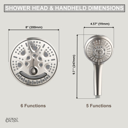 FORNO ACQUA AcquaFALL 6-Function Shower Head, 3-Function Waterfall Body Jet & 5-Function Handheld. Brushed Nickel 1.8 GPM