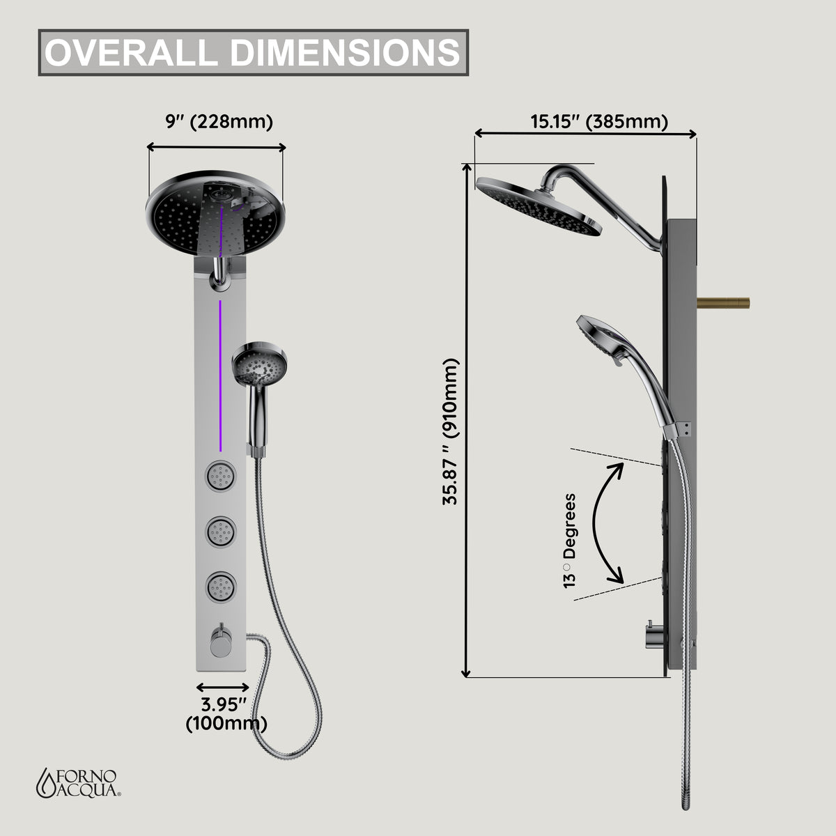 FORNO ACQUA SensoTEMP LED Mirror Shower Panel, 9 in. Rainfall Shower Head, 3 Body Jets & 5-Function Handheld. 2.5 GPM