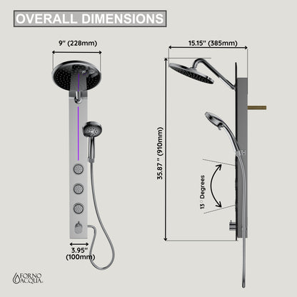 FORNO ACQUA SensoTEMP LED Mirror Shower Panel, 9 in. Rainfall Shower Head, 3 Body Jets & 5-Function Handheld. 2.5 GPM